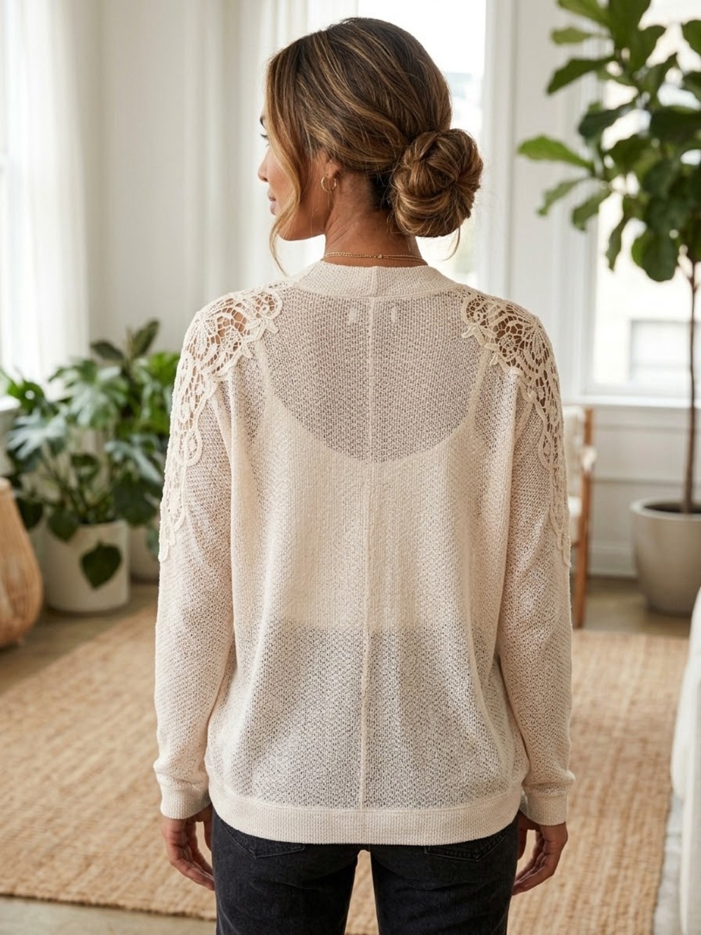 Abercrombie & Fitch MSRP $58 Cream Lace-Shoulder Open Knit Cardigan - Picture 3 of 7